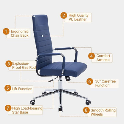 Sidanli Ergonomic Desk Chairs, Executive Swivel Faux Leather High Back Chair with Comfortable Lumbar Support and Smooth Rolling Wheels for Office, Navy Blue