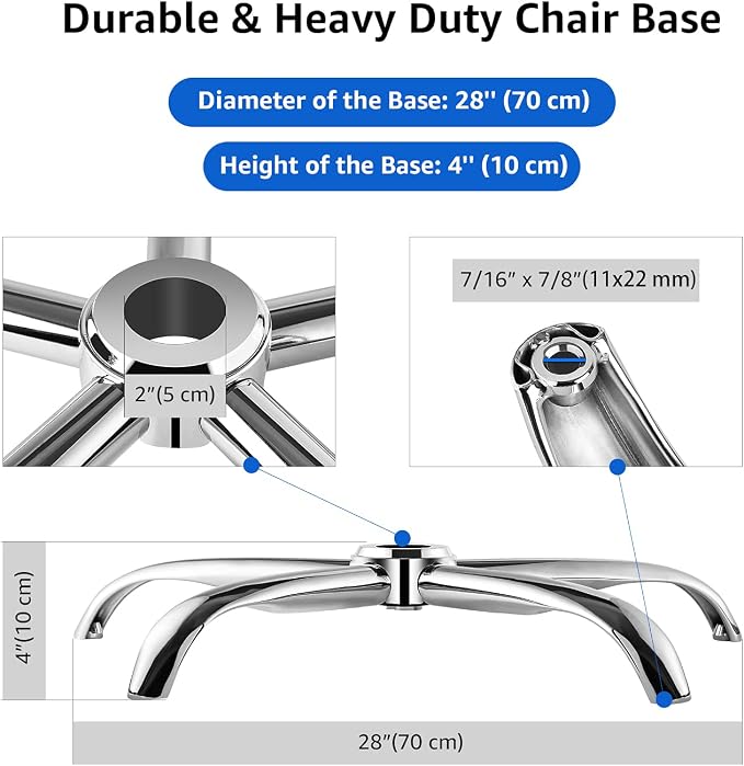 Mastery Mart Office Chair Base Replacement, 28 Inch Heavy Duty(2500 Lbs) Metal Leg, Reinforced to Repair Swivel Gaming Chair Bottom Part with Universal Caster and Gas Cylinder Size (Silver)