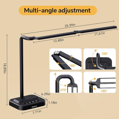LED Desk Lamp for Home Office: Desk Light Double Head Adjustable with Power Strip 2 AC Outlets, USB-C USB-A Charging Ports Surge Protection, Foldable Table Lamp for College Dorm Room Essentials