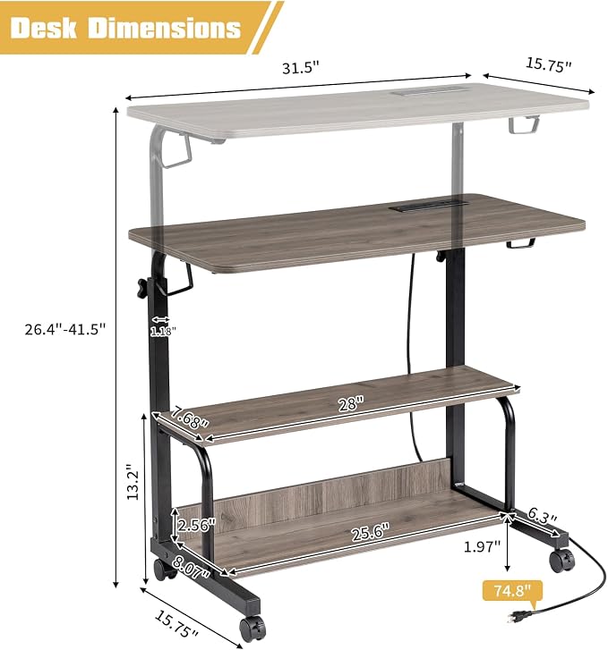 Karl home 31.5" Portable Rolling Desk on Wheels,Height Adjustable Standing Desk with 2 AC Outlets/3 USB Ports,Mobile Laptop Table with Hooks and Storage Shelves for Home Office，Grey Oak