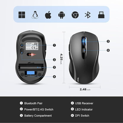 TECKNET Bluetooth Mouse (BT 5.0/3.0+2.4Ghz), 6-Level 4000 DPI Wireless Mice for Laptop, 2-in-1 Ergonomic Computer Portable PC Mouse, Silent Mouse with USB Receiver for Windows/Mac/PC/Notebook