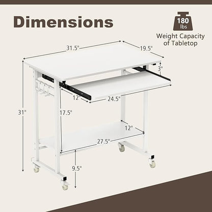 Tangkula Rolling Computer Desk Cart with Keyboard Tray, Mobile Portable Laptop PC Desk with CPU Stand & 3 Hooks for Sofa & Bed, Compact Small Desk on Wheels for Small Spaces (White)