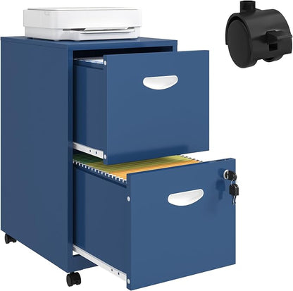 UNICOLY 2 Drawer File Cabinet with Lock, Filing Cabinets with Wheels, Rolling File Cabinets for Home Office, Metal Office File Cabinet, Mobile Filing Cabinet for Holding Letters and File Boxes, Blue