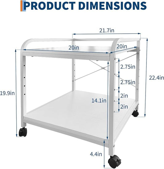 2 Tier Large Printer Stand, 20 Inches Deep Under Desk Printer Table with Height Adjustable Shelf, Rolling Printer Cart with Wheels for Home Office Storage - White