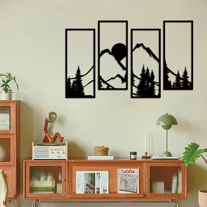 Metal Sunset Mountain Forest Wall Decor Set of 4, Minimalist Line Drawing Large Mountains Wall Art Home Decor for Living Room Bedroom Office…