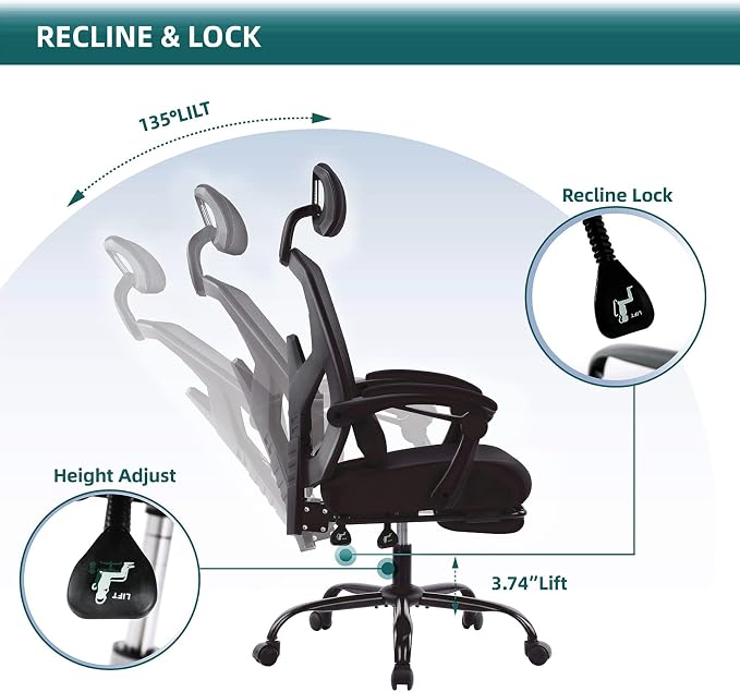 DUMOS Office Desk Computer Chair with Footrest, Ergonomic Mesh Swivel Gaming Chair with Rolling Wheels, Comfortable Headrest, Lumbar Support, Comfy for Home, Office, Task, Student, Inky