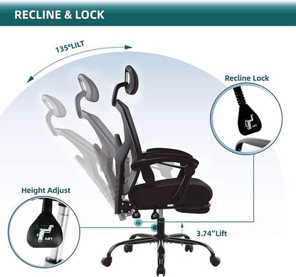 DUMOS Office Desk Computer Chair with Footrest, Ergonomic Mesh Swivel Gaming Chair with Rolling Wheels, Comfortable Headrest, Lumbar Support, Comfy for Home, Office, Task, Student, Inky