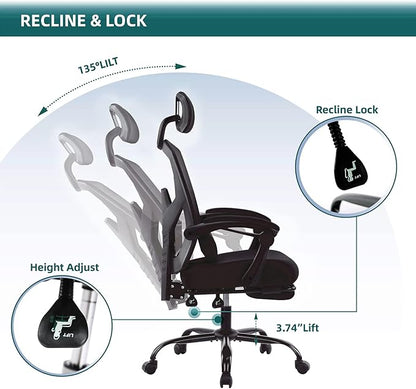 DUMOS Home Office Desk Chair with Footrest, High-Back Mesh Rolling Swivel Reclining Chairs with Wheels, Comfortable Headrest, Lumbar Support, Comfy Arms for Home, Office, Gaming, Student, Inky