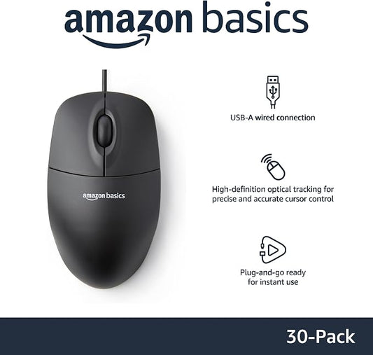 Amazon Basics 3-Button USB Wired Computer Mouse, Black, 30-Pack