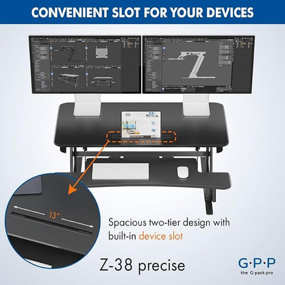 38″ Wide Standing Desk Converter – Sit-to-Stand Workstation for Dual Monitors, Height Adjustable Up to 17.3″ with Large Keyboard Tray – Black