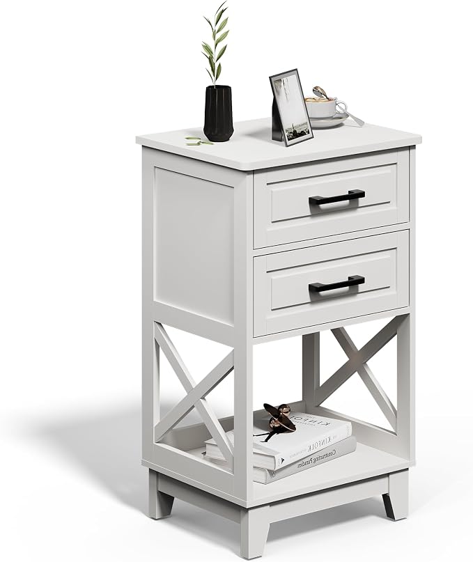 RoyalCraft 30" Tall Nightstand, Modern Painted Bedside Table with 2 Drawers and Open Shelf, Wood Side Table for Bedroom, Home Office, White-Open Shelf Below, Set of 1