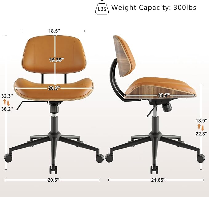 Armless Office Chair with Wheels, PU Leather Adjustable Height Desk Chair - 360° Swivel Ergonomic Computer Chair for Small Space, Modern Walnut Style, Home & Meeting Room, Brown