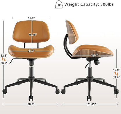 Armless Office Chair with Wheels, PU Leather Adjustable Height Desk Chair - 360° Swivel Ergonomic Computer Chair for Small Space, Modern Walnut Style, Home & Meeting Room, Brown