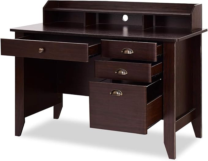 48" Computer Desk with 4 Storage Drawers and Hutch Wood Executive Table for PC Laptop
