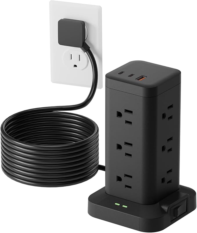 1800J Surge Power Strip Tower 1800J Fast Charging PD20W USB-C Black 10FT | 15-in-1 outlets with 12 AC plug, 2 USB-C & 1 USB-A; 10ft extension cords with multiple outlets; for home office dorm room;