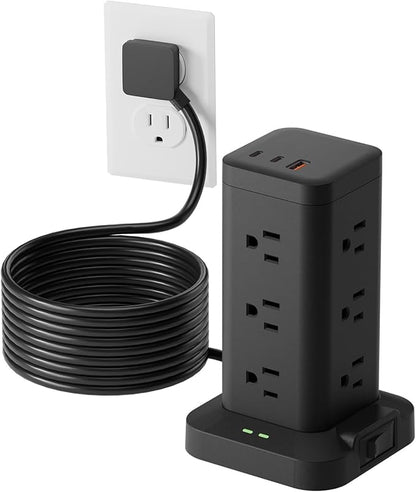 1800J Surge Power Strip Tower 1800J Fast Charging PD20W USB-C Black 10FT | 15-in-1 outlets with 12 AC plug, 2 USB-C & 1 USB-A; 10ft extension cords with multiple outlets; for home office dorm room;
