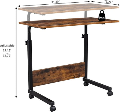 Karl home Mobile Side Table 31.5 Inch Computer Desk with Wheels Height Adjustable Rolling Potable Laptop Cart, C-Shaped Bed Couch End Tables with Edge Stopper for Livingroom Bedroom, Rustic Brown