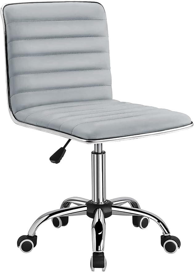 Furmax Vanity Office Desk Chair with Wheels, Armless Small Cute Leather Makeup Computer Task Chair Adjustable Height 360° Swivel (Light Grey)