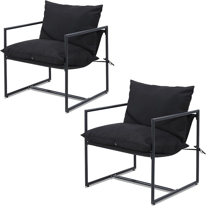 Kromax Sling Accent Chair, Set of 2, Cozy Living Room Chairs, Square Metal Frame, Upholstered Soft Cushion, Sponge, 28" x28“x32, Easy Assembly, Black