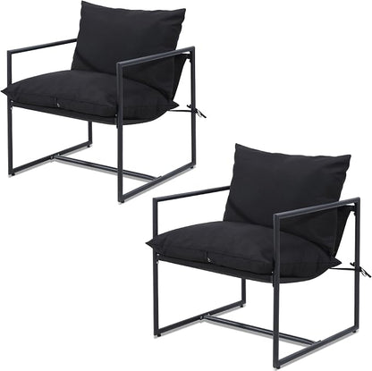 Kromax Sling Accent Chair, Set of 2, Cozy Living Room Chairs, Square Metal Frame, Upholstered Soft Cushion, Sponge, 28" x28“x32, Easy Assembly, Black