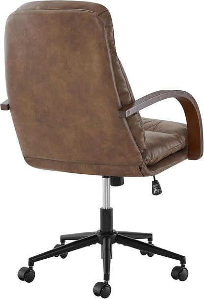 KISLOT Home Office Desk Chair, Ergonomic Office Chair with Lumbar Support, Adjustable Swivel Computer Chair with Wheels, Faux Leather Executive Task Chair with Wood Arms, Set of 2, Brown