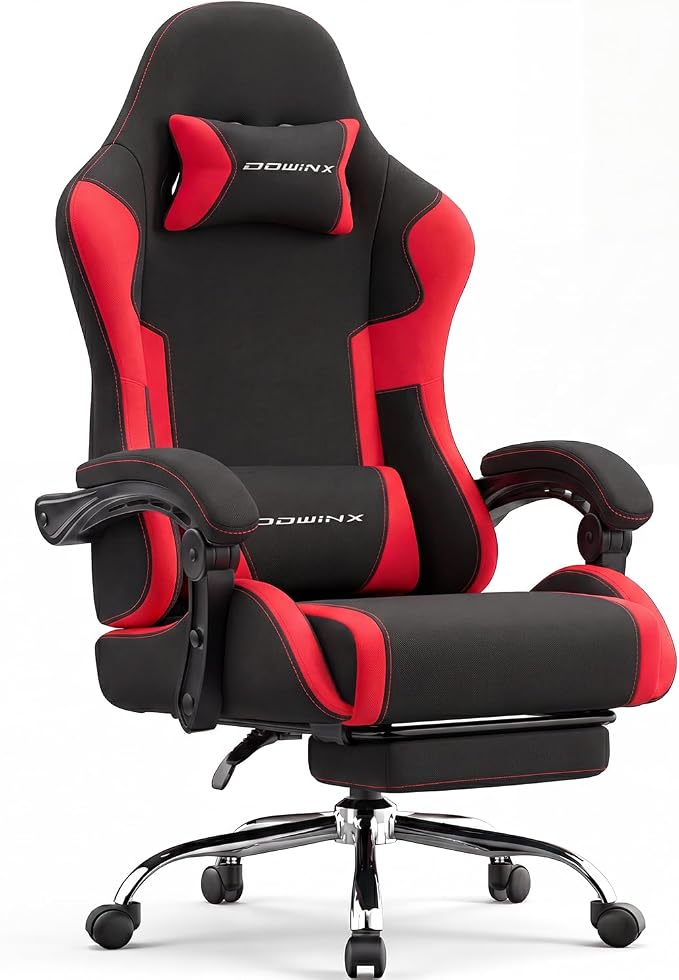Dowinx Ergonomic Gaming Chair with Footrest & Massage Lumbar, 2D-Linkage Armrests for Computer Chair 330lbs with Headrest Pillow for Office, Home, Streaming and Long Gaming Sessions, Fabric Dark Red