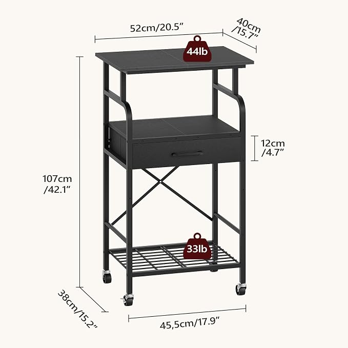 MAHANCRIS Tall Printer Stand, 3 Tier Printer Cart with Storage, Industrial Printer Table on Wheels, Adjustable Shelf & Fabric Drawer, for Home Office Study Black PTBK5501