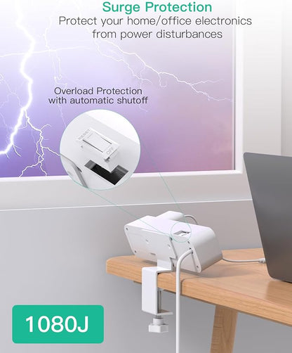 65W USB C Desk Clamp Power Strip, 8-in-1 Desktop Mount Surge Protector with 4 AC Outlets 2 USB-C & 2 USB-A Ports, PD 65W Fast Charging Station, 5Ft Extension Cord, Desk Edge Mount for Home Office