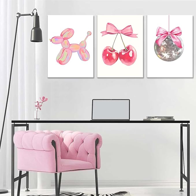Trendy Pink Bows Canvas Wall Art Set of 3, Vintage Preppy Cherry Disco Ball Posters Wall Decor, Pink Girly Room Aesthetic Painting Prints for College Apartment Living Room Bedroom 16x24 In Framed