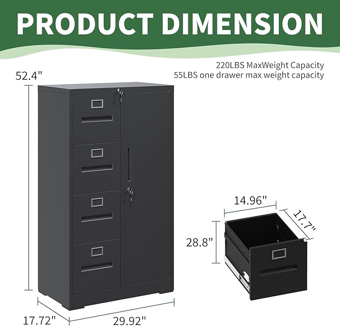 File Cabinet 4 Drawer, Vertical File Cabinet with Lock and 1 Door, File Cabinet with Storage Shelves for A4 Legal/Letter, Assembly Required (Black)