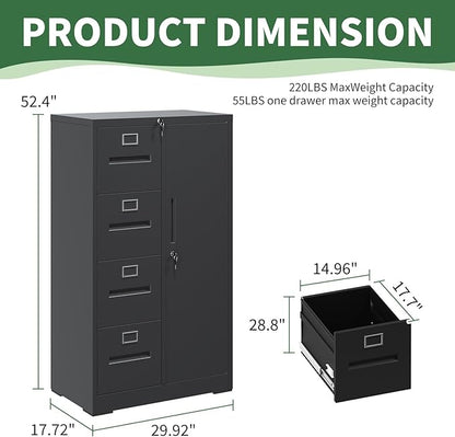 File Cabinet 4 Drawer, Vertical File Cabinet with Lock and 1 Door, File Cabinet with Storage Shelves for A4 Legal/Letter, Assembly Required (Black)