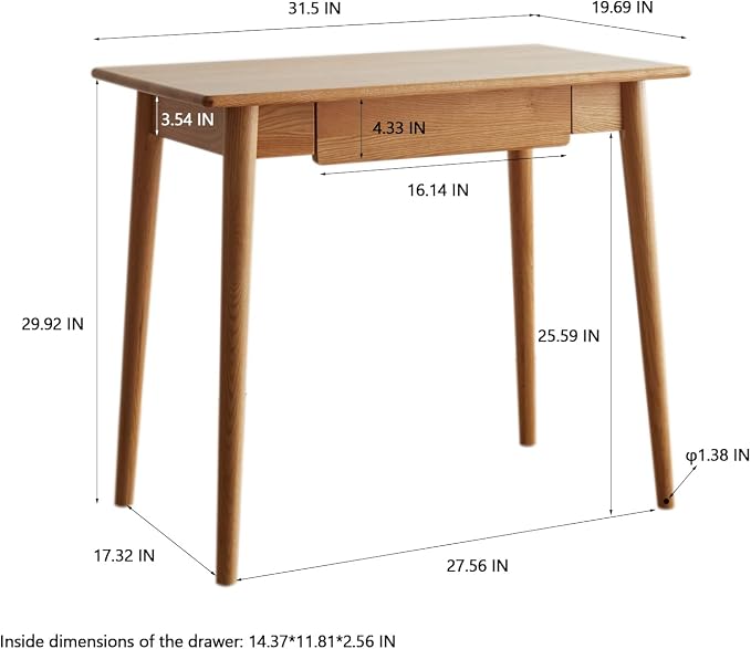 31" Solid Red Oak Narrow Writing Desk for Small Spaces – Drawer & Tapered Legs, Natural Wood Finish, Mid-Century Modern, Space-Saving for Bedroom（19.69" D x 29.92" H）