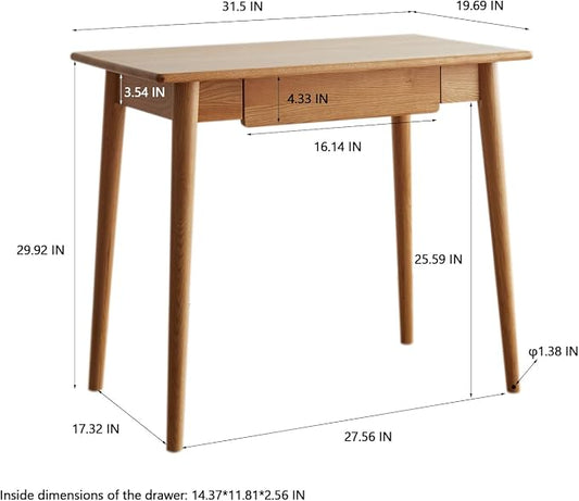 31" Solid Red Oak Narrow Writing Desk for Small Spaces – Drawer & Tapered Legs, Natural Wood Finish, Mid-Century Modern, Space-Saving for Bedroom（19.69" D x 29.92" H）