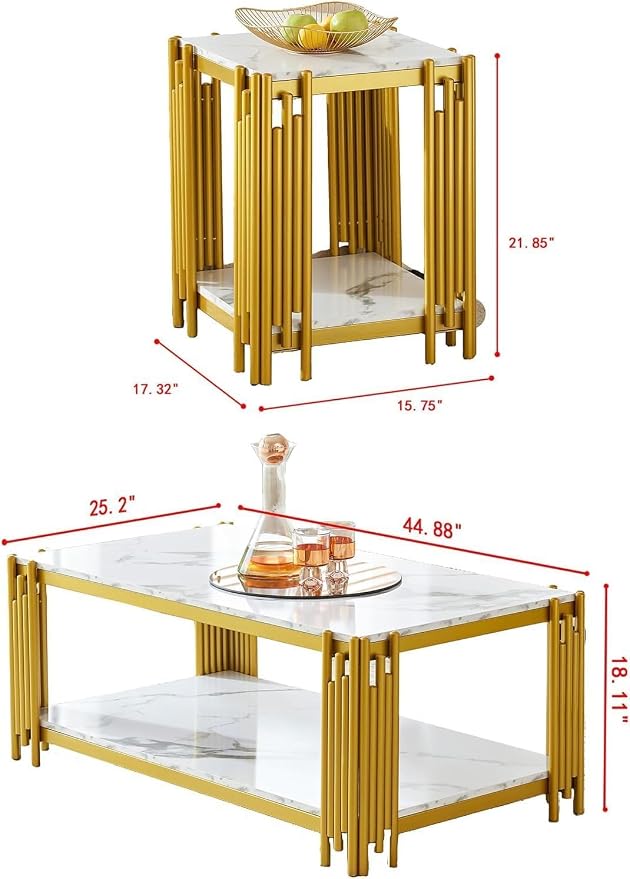 White Marble Coffee Table Set of 3, Faux Marble Coffee Table and 2 White Gold End Tables with Chrome Metal I-Base, Luxury Marble 3 Piece Living Room Table Set for Home Office Bedroom