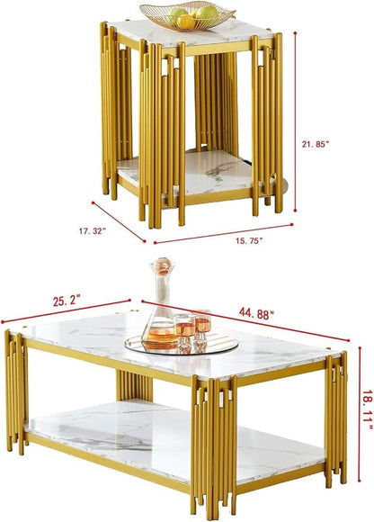 White Marble Coffee Table Set of 3, Faux Marble Coffee Table and 2 White Gold End Tables with Chrome Metal I-Base, Luxury Marble 3 Piece Living Room Table Set for Home Office Bedroom