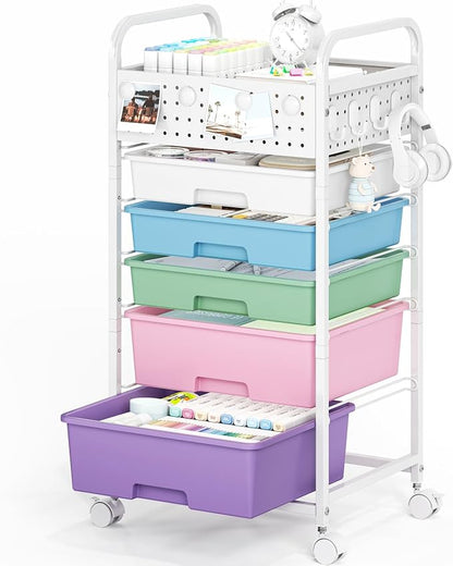 5 Drawer Rolling Storage Cart with Pegboard Top and Hooks, Mobile Organizer Cart with Wheels for Office Supplies, Craft Storage, Classroom Organization, Home Utility Cart, Ice Cream