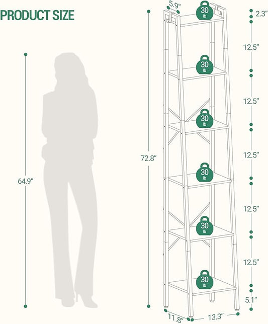 Hzuaneri Ladder Shelf, Bookshelf Bookcase, Freestanding Corner Storage Shelve with 2 Hooks for Home Office, Living Room, Kitchen, Bedroom, Industrial, 11.8" D x 13.4" W x 72.8" H, Black BC13304B