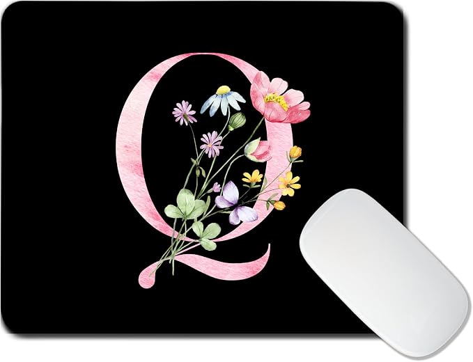 Mouse Pad Pinks Flowers Initial Letters Mousepad Desktop Laptop Computer Accessories Home Office Gaming Work Desk Computer Non-Slip Rubber Monogram Floral Alphabet A-Z mousepad (Q)