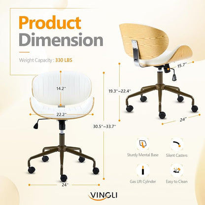 VINGLI Wide Comfotable Swivel Home Office Chair with Wood-Grain Curved Shell,Ergomomic Mid-Back Padded Armless Rolling Desk Chair with Wheels,Height Adjustable for Computer,Task,Work,PU Leather,White