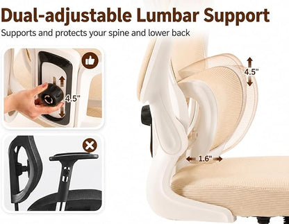 Ergonomic Office Chair with Adjustable Headrest & Lumbar Support, High Back Mesh Desk Chair, 330 LBS Capacity Swivel Computer Chair with Flip-Up Arms, Home Office Gaming Chair (Beige)