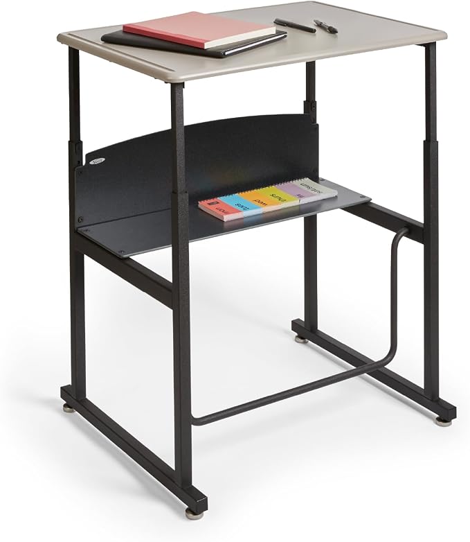 Safco AlphaBetter Student Standing Desk, Adjustable Height with Shelf and Swinging Pendulum Foot Rest, 28" W x 20" D, Gray
