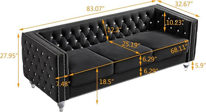 Mikibama Velvet 3 Seater Sofa Couch with Buttons and Square Arms 83.07 Inch Tufted 3-seat Sofas with Trimmed Nailhead and Acrylic Legs Modern Couches for Living Room,Bedroom (Black-crystal Legs, Sofa)