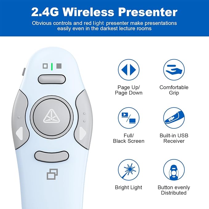 QUI Presentation Clicker Wireless Presenter Remote Clicker for PowerPoint Presentation Remote, PowerPoint Slide Advancer for Mac/Windows/Google Slide/Keynote, Blue, A