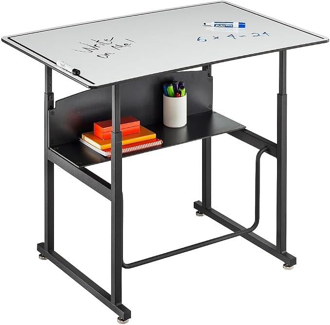 Safco AlphaBetter Adjustable-Height Desk for Active Learning for Students in Grades 3 to 12 with Swinging Pendulum Footrest, Fidget Bar, Dry Erase Desktop