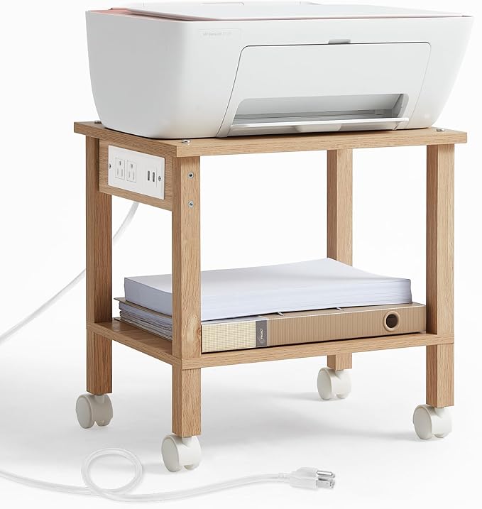 YUFAM 2 Tier Under Desk Printer Stand with Storage, Small Printer Table with Charging Station, Rolling Printer Cart Shelf with Lockable Wheels for Home, Office (Natural)