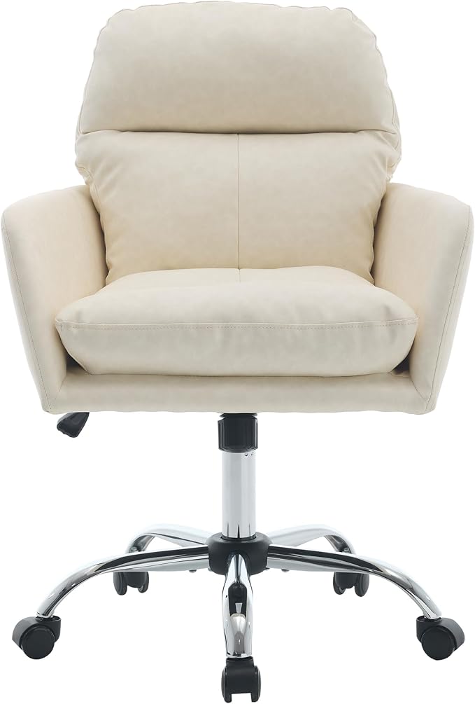 YITAI Adjustable Home Office Desk Chair with Comfy Square Mid-Back, Faux Leather 360 Swivel Upholstered Task Armchair with Wheels for Vanity Bedroom/Living Room,White
