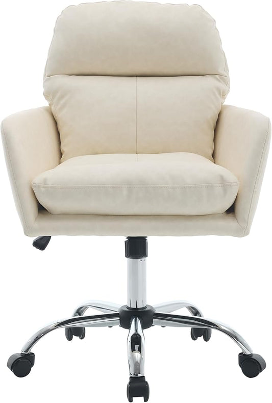 YITAI Adjustable Home Office Desk Chair with Comfy Square Mid-Back, Faux Leather 360 Swivel Upholstered Task Armchair with Wheels for Vanity Bedroom/Living Room,White