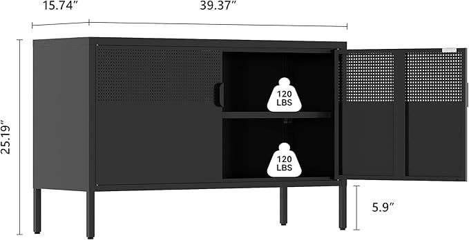 Metal Storage Cabinet,2 Door TV Stand, Metal Mesh Accent Cabinet,Magnetic Door Closure,Low Storage Cabinets with Doors and Shelf for Home,Office,Living Room