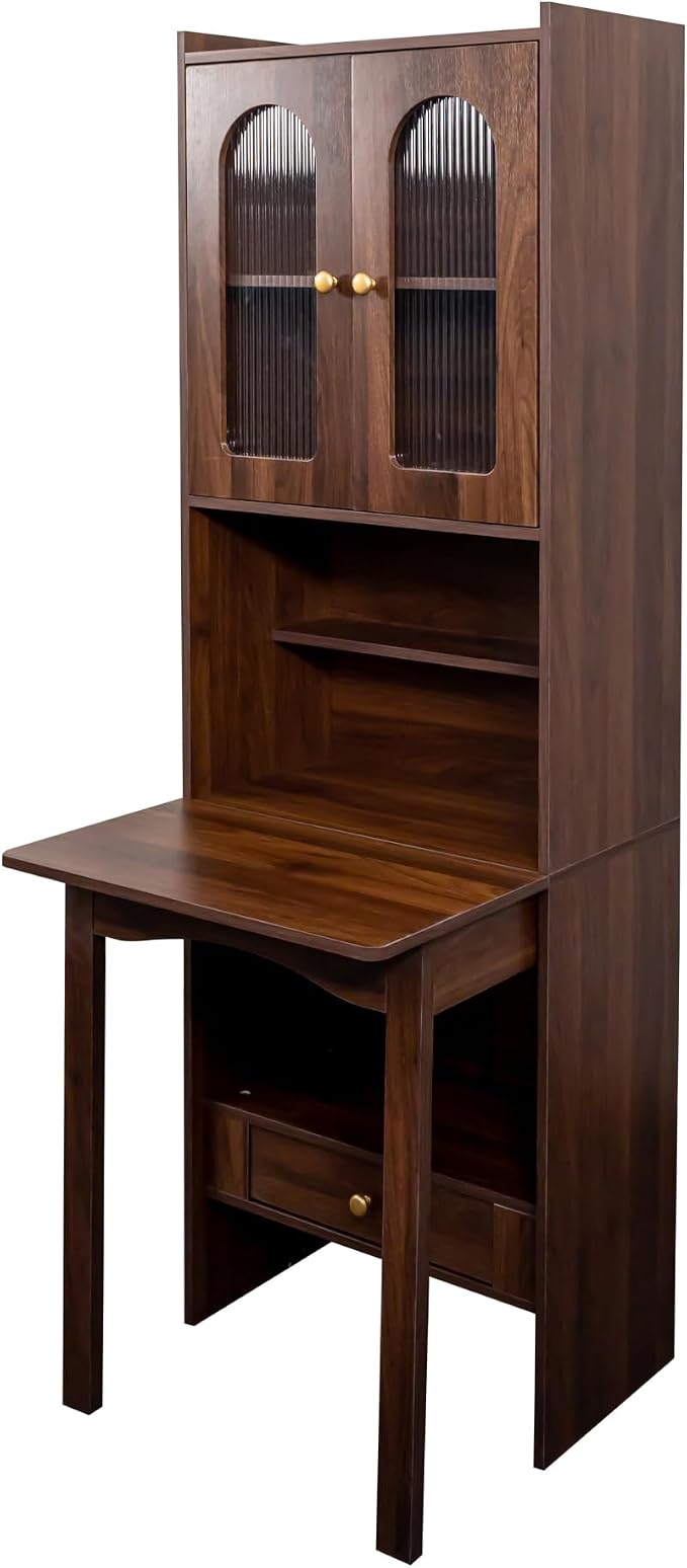 LUMISOL Fold-Out Home Office Desks Writing Table with Glass Doors, Drawers, Bookshelf & Storage Shelves, Modern Wooden Convertible Workstation for Work, Study, Walnut