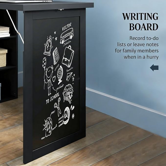 Foldable Wall Mounted Desk with Storage Shelves, Fold Out Convertible Computer Table with Blackboard, Folding Writing Table Workstation for Small Spaces,Home Office (Black)